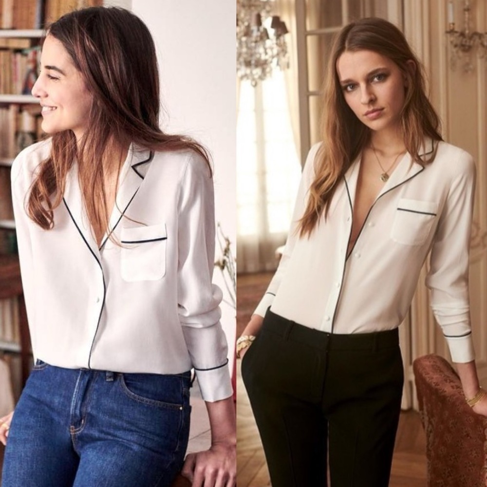 Sezane 100% Silk Elisa Black Ecru White Size 36 French / US 4 Button‎ Top Blouse